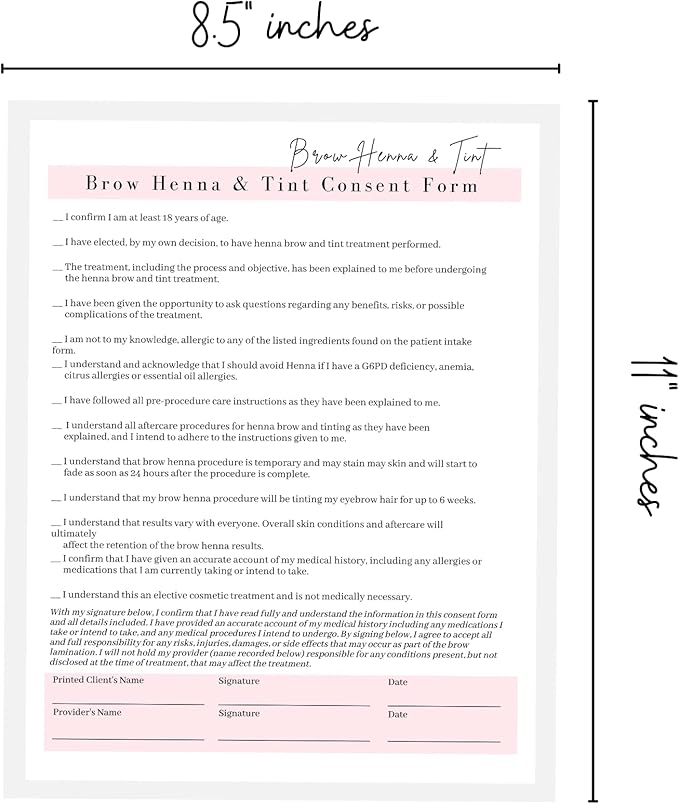 Brow Henna and Tint Intake Forms, Consent, and Aftercare Instruction Cards | 75 pk, 25 of Each | for Client Signature Medical History Information 8.5x11” A1