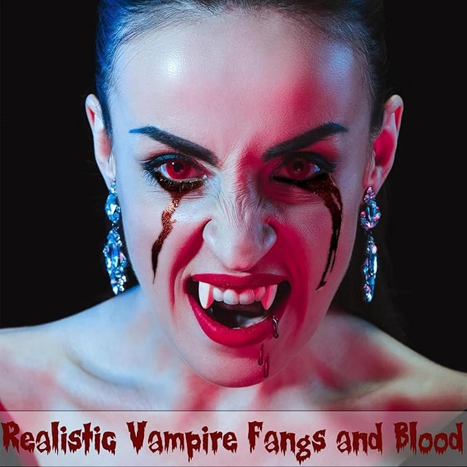 3 PCS Halloween Fake Blood Makeup Kit 3 Size Vampire Teeth Fangs Fresh Red Fake Blood Spray Realistic Coagulated Blood for Party Monster Zombie Cosplay