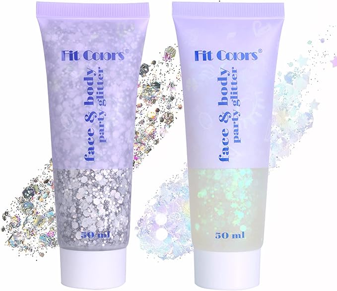 Face Glitter Gel, 2 Jars Holographic Chunky Glitter Makeup for Body, Hair, Face, Nail, Eyeshadow, Long Lasting and Waterproof Mermaid Sequins Liquid Glitter Total 6 Colors Available (Silver & White)