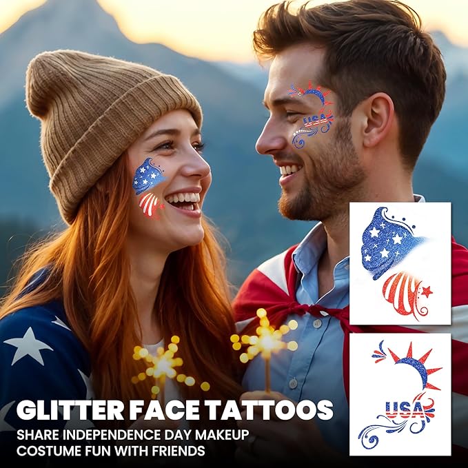 EMOME 16 PCS Gold Glitter Faux Freckles & 6 PCS 4th of July Faux Freckles & 14 PCS Independece Day Face Tattoos with 3 Sheets Face Gems