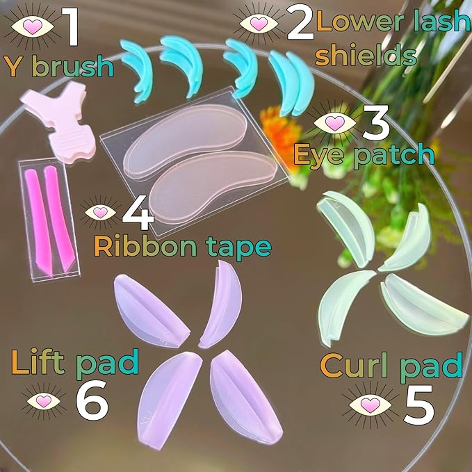 Eyelash Lift Shields Silicone Lash Curlers 8 Size Lifting Pads Jelly Lami Lamination Roller - Upper, Lower Perm Rod Perming Set with Ribbon Compensator, Eye Patch, Y Brush Tool-U Curl Shield