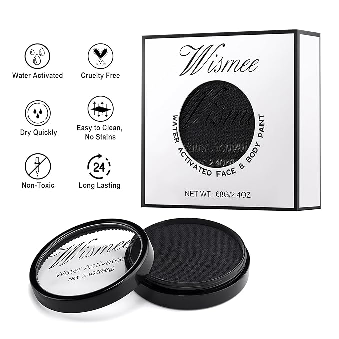 Wismee Professional Face Paint Body Paint, Water Based Body Paint Full Coverage for Adults Children Cosplay Corpse Bride SFX Costumes Festivals Makeup-Black