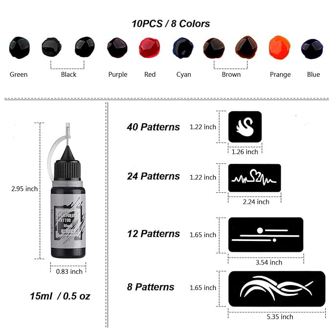 STIGMA Temporary Tattoo Kit 10 Bottles Color Inks, 84 Pcs Stencils Kit for Body Paint DIY Tattoos Temp, 8 Colors DIY Fake Tattoo for Women Kids