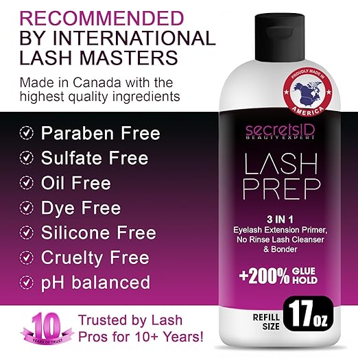 3 in 1 Eyelash Extension Primer Bulk 16 Oz - No Rinse Lash Cleanser and Bonder - Made in America Kit with 100 Wands for Lash Technicians and Brow Stylists for Optimal Retention - Fragrance Free