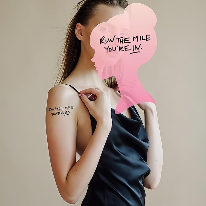 "Run The Mile You're In" Temporary Tattoos (3 Sheets) โ Motivational Running Tattoo for 5K, Marathon, Ultra | Vegan, Realistic, Waterproof & Long-Lasting (2-5 Days) โ 3" x 1.5" โ Race Day Inspiration