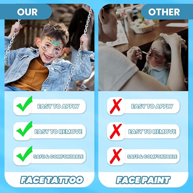 EMOME Face Tattoos for Kids - 48 Sheets Party Pack, Face Paint Tattoos Makeup for Boys and Girls Birthday Party Supplies Games, Face Tattoo Stickers for Kids Party Favors Goodie Bag Stuffers