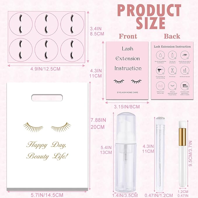 52PCS Lash Shampoo Bottles Brushes Set, 10pcs Foam Pump Dispenser, Lash Cleaning Brush, Eyelash Extension Tube Brush, Instructions Cards, Lash bags, 2pcs Eyelash Stickers for Business Clients (white)