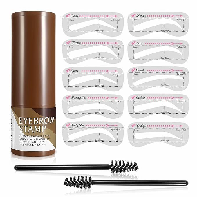 Eyebrow Stamp Stencil Kit – Waterproof Brow Stamp Shaping Kit Eyebrow Definer with 2 Eyebrow Pen Brushes and 10 Eyebrow Buildable Brow Stencils, Natural Shape Brow Powder Makeup Tool (Dark Gray)