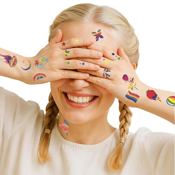 107PCS Artist-Designed Temporary Tattoos – LGBTQ+ Pride Fake Tattoos, Glitter Stickers for Adults, Festival Accessories & Fiesta Party Favors Kit