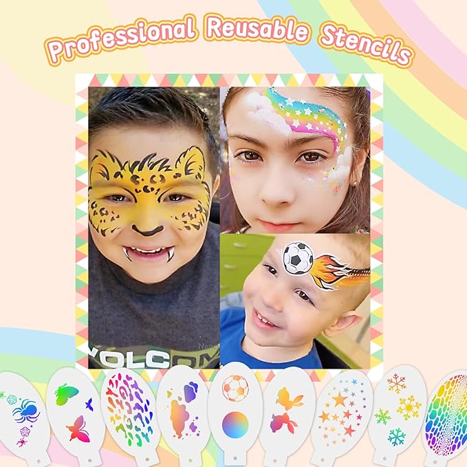 Professional Face Painting Kit for Kids,12X10gm Water Activated Rainbow Cake Face Paint with Stencil & Brushes,Hypoallergenic & Non-Toxic,Gift for Birthday Parties/Halloween/Carnival