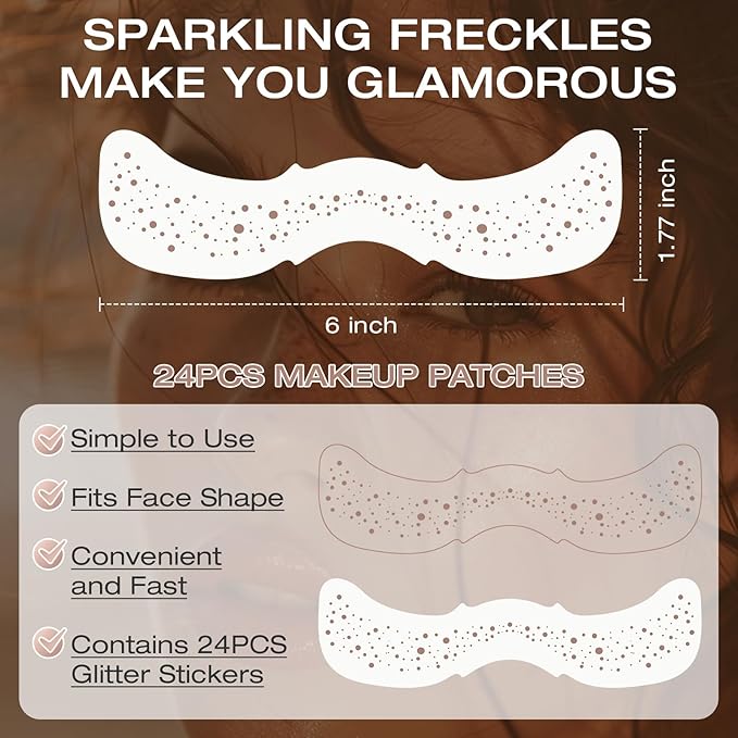 24 Pcs Glitter Freckles Face Tattoo,Brown Face Glitter Makeup Patches Cute Sparkle Freckles Patches Waterproof Makeup Speckles for Face Accessories for Women Girls