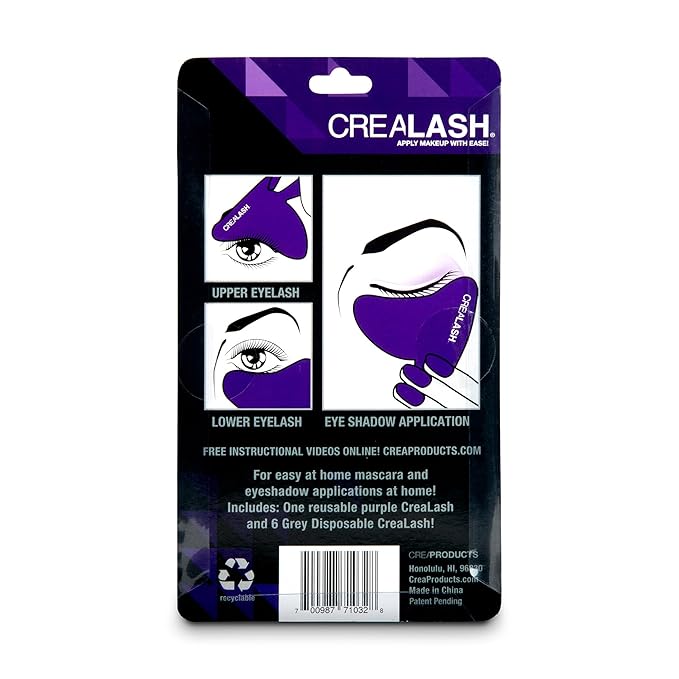 Original CreaLash Eye Shadow & Mascara Applicator - Upper & Lower Eyelash Tool for Applying Makeup - Helps Shield Face, Skin From Smears - 1 Reusable Purple Stencil, 6 Disposable Gray
