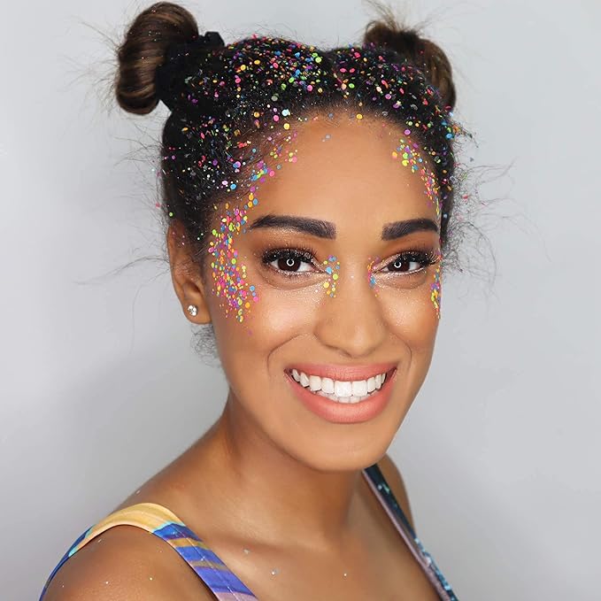 Rainbow Circles Face & Body Glitter - Chunky Glitter - UV Avtivated - Uses Include: Festival Rave Makeup Face Body Nails Resin Arts & Crafts, Resin, Tumblers, Bath Bombs - Multi-Size Circle Shape