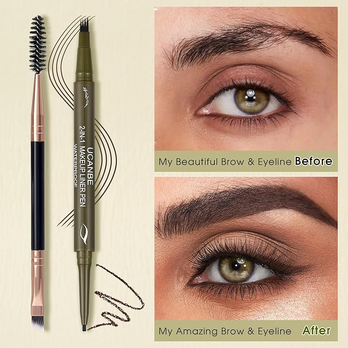 UCANBE Eyebrow Pencils for Women with Spoolie Brush, Dual-Ended Eyebrow Pen with 4-Fork-Tip & Gel Eyeliner, Microblading Brow Pen with Eyeliner Pencil + Brow Brush for Hair Like Brows, Classic Brown