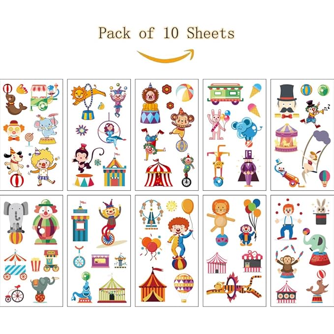 (Pack of 10 Sheets) Circus Waterproof Temporary Tattoo Stickers for Kids Boys and Girls, Party Favors Decorations