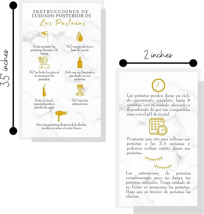 Spanish Lash Aftercare Instructions | 50pk | Cuidado Posterior de la Extensión de Pestañas | 2 x 3.5” inch Card for clients | Eyelash Extension Supplies marble gold beautiful, 2-3 week refills fillers