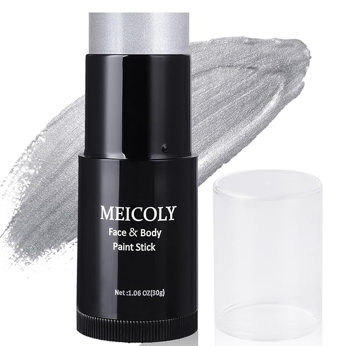 MEICOLY Silver Face Paint Stick(1.06 Oz),Blendable Full Body Paint Stick for Halloween Tin Man Special Effects SFX Cosplay,Sweatproof Waterproof Eye Black for Baseball/Softball/Football