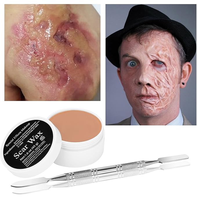 Sfx Makeup Kit Halloween Party Stage Special Effects Makeup Wax Kit, Fake Wound Moudling Scar Wax Nude Color Putty (1.6 Oz), Scab Blood Gel(1.06Oz), Stipple Sponge, Spatula Tool