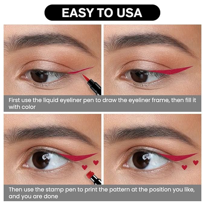 evpct 1Pcs Red Colored Winged Eyeliners Stamp, Red Hearts Face Stamps Makeup Eyeliner Eye Stamp Liners Tool Set Kit for Women Waterproof, Wing Eyeliner Stamp Figures Tool Wingliner Shapes, 08#
