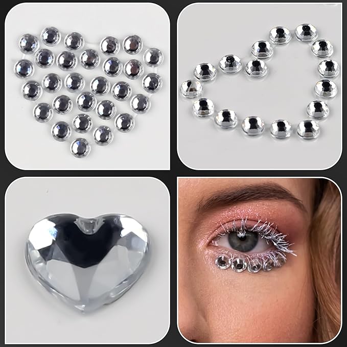 3 Sheets Face Gems Jewels Self Adhesive Heart Rhinestone Stickers for Face Eyes Makeup Hair Body Stick on Rhinestones Stickers for Valentine Festival Decal Decor(White)