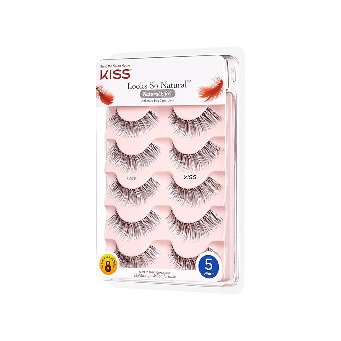 KISS Looks So Natural False Eyelashes Multipack, Lightweight & Comfortable, Tapered End Technology, Reusable, Cruelty-Free, Contact Lens Friendly, Style 'Poise', 5 Pairs Fake Eyelashes