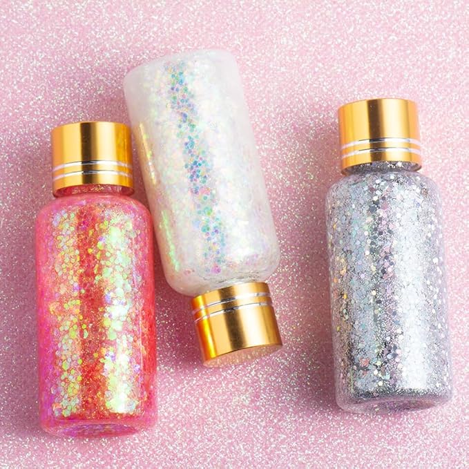 Holographic Body Glitter Gel,Chunky Glitter Mermaid Sequins Liquid Sparkling Glitter Gel for Rave Accessories Face Hair Eye Makeup Festival Party Concerts White+Pink+Sliver (A)