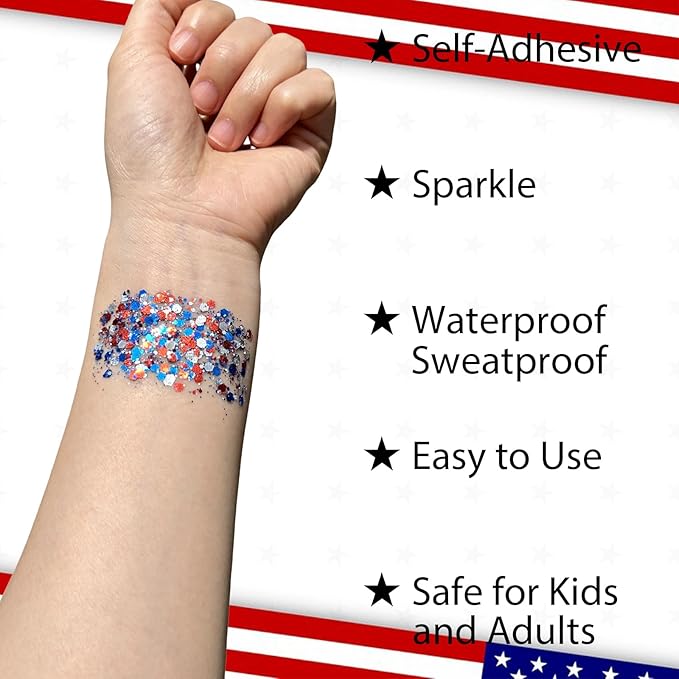 Mysense Red White and Blue Body Glitter Stick,Fourth of July Accessories,4th of July Outfits for Women Kids,Patriotic USA Flag Face Hair Glitter for Independence Day Memorial Day Veterans Day,0.56oz