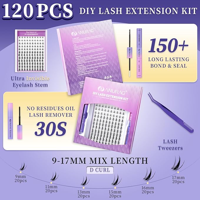 ANURAG Lash Clusters Kit 120PCS - 9-17mm Fairy Manga Anime Eyelash Extensions, Ultra-Thin Black Band Individual Fake Lashes for Natural Look Lash Clusters & Daily Makeup Clusters Set