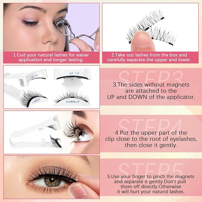 Natural Look Magnetic Eyelashes Kit 2 Pairs Double Sided Reusable Soft Magnetic Lashes with Applicator Mirror No Glue No Eyeliner Easy to Wear Remove Eyelash Applicator Tool Kit