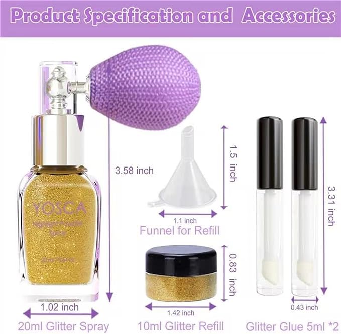 Yosca Body Glitter Spray, 30ML Loose Laser Body Shimmer Powder Holographic Hair Spray Gold Glitter Sparkle Highlighter Makeup Festival Concert Party Accessories for Rave Clothes Hair Face Nail Art