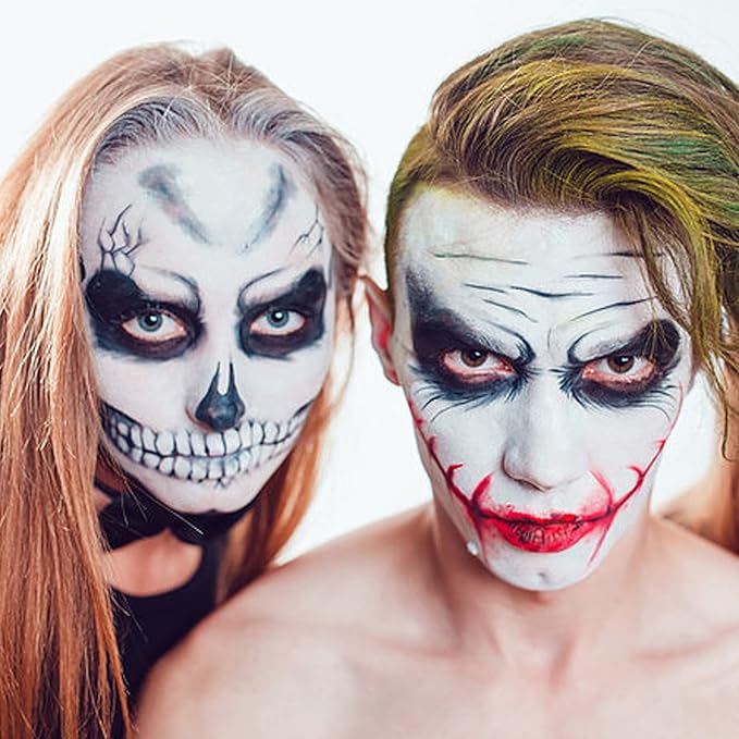 MEICOLY Black White Red Face Body Paint Stick with Setting Powder and Sponges,Clown White Devil Joker Face Paint Makeup,Waterbased Body Paint,Halloween Face Painting for Vampire Skeleton Spiderman