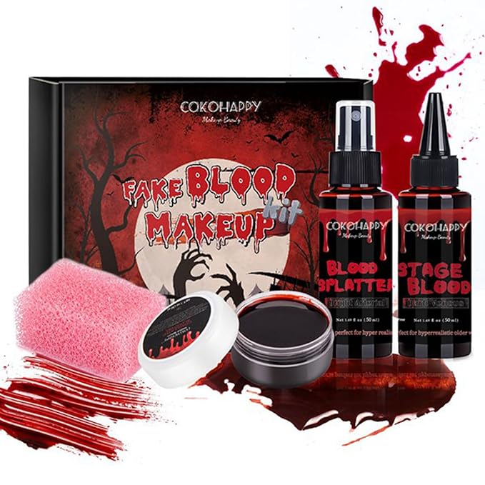 COKOHAPPY 4PCS Fake Blood Kit Halloween Makeup - Coagulated Blood 1.05oz + Fake Blood Spray 1.76oz + Stage Blood 1.76oz, Realistic Washable Special Effects SFX Makeup Set, for Zombie Vampire Monster