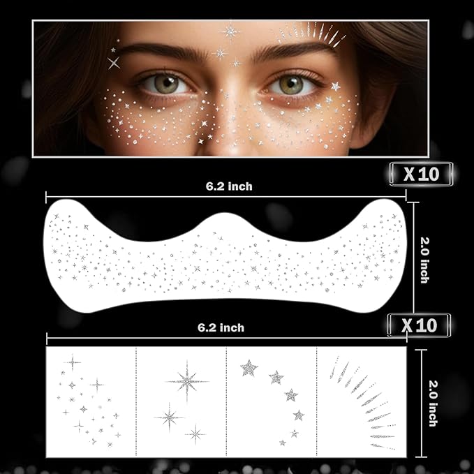 20 Sheets Glitter Freckles Face Tattoo Silver Glitter Freckles Temporary Face Tattoos Makeup Patches,Face Glitter Patches,Face Glitter Freckles Tattoos for Women