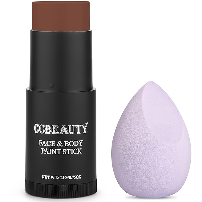 CCbeauty Brown Face Paint Stick,Face Painting Kit,Professional Oil Based Body Paint,Non Toxic SFX Makeup For Deer Elk Bear Halloween Costume Cosplay,Full Coverage Painting Foundation + Makeup Sponge
