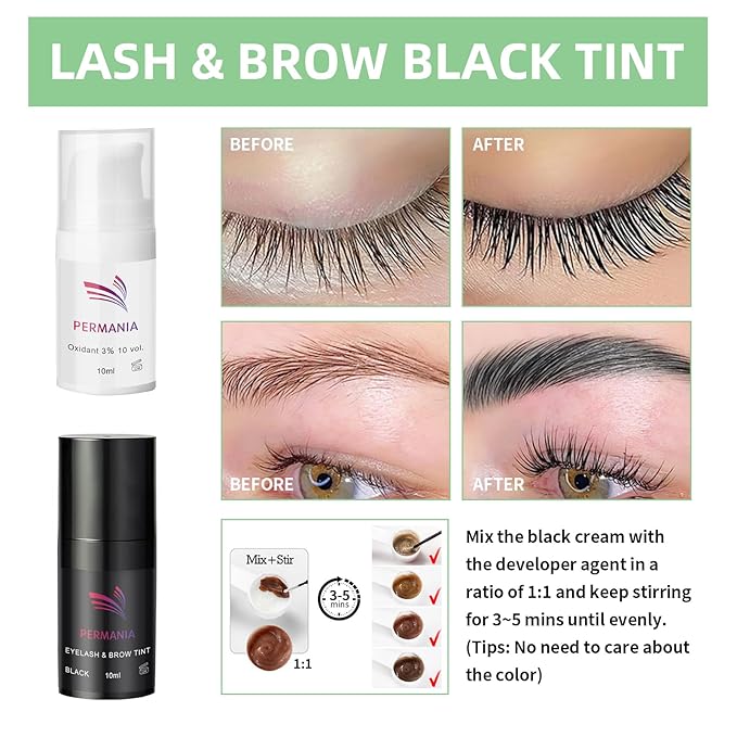 PERMANIA Lash Lift Kit, Salon Grade Supplies for Eyelash Lift and Brow Lamination Black Color 4 in 1 Fast Quick Curling & Coloring 10 ml Natural Result Hair Color Developers