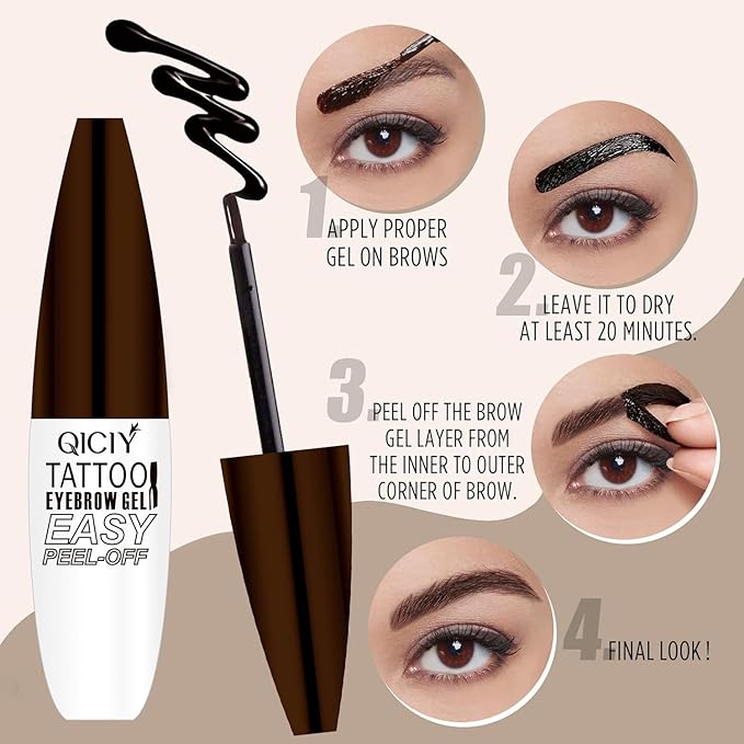 Qiciy Tattoo Eyebrow Gel Easy Peel Off, Peel Off Eyebrow Tint, Easy Peel off Eyebrow Gel, Peel Off Eyebrow Tint, Waterproof & Sweatproof for All Skin Types (#2 Yellowish Brown)
