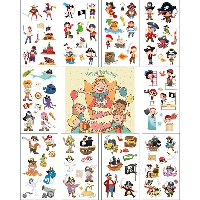 (Pack of 10 Sheets) Pirate Waterproof Temporary Tattoo Stickers for Kids Boys and Girls, Party Favors Decorations