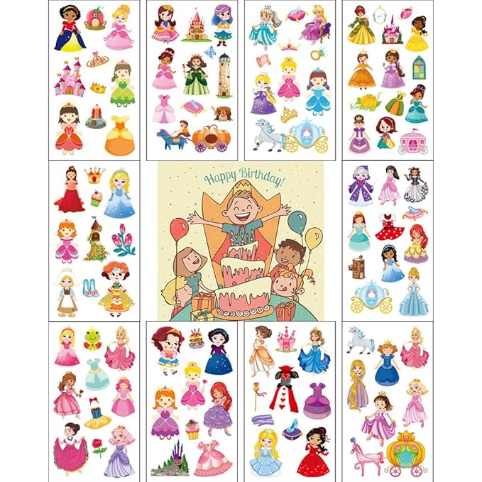 (Pack of 10 Sheets) Princess Waterproof Temporary Tattoo Stickers for Kids Boys and Girls, Party Favors Decorations
