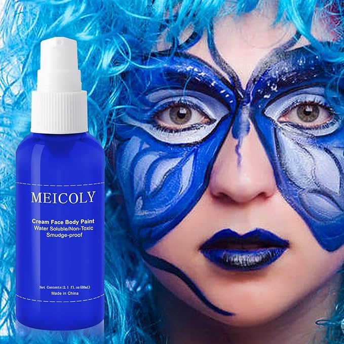 MEICOLY Cream Royal Blue Face Body Paint,2.1Oz Smudge-Proof Navy Blue Face Paint,Water Based Washable Full Body Paint for Adults and Kids,Dark Blue Halloween SFX Avatar Smurf Mystique Special Effects