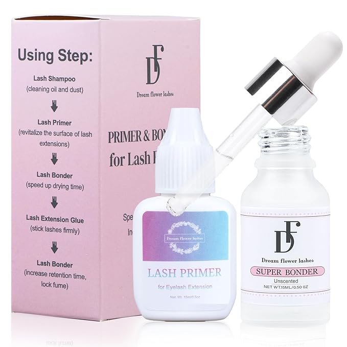 Lash Primer and Bonder Kit for Eyelash Extensions 15+15ml Super Bonder Glue Accelerator Increase Adhesive Bonding Power Eyelash Primer Pretreatment for Semi Permanent Lash Extensions-Pink