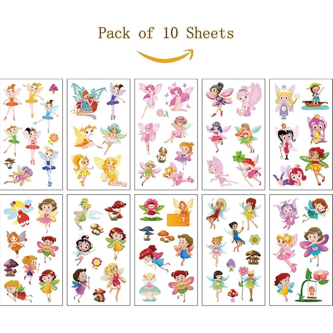 (Pack of 10 Sheets) Floral Fairy Waterproof Temporary Tattoo Stickers for Kids Boys and Girls, Party Favors Decorations
