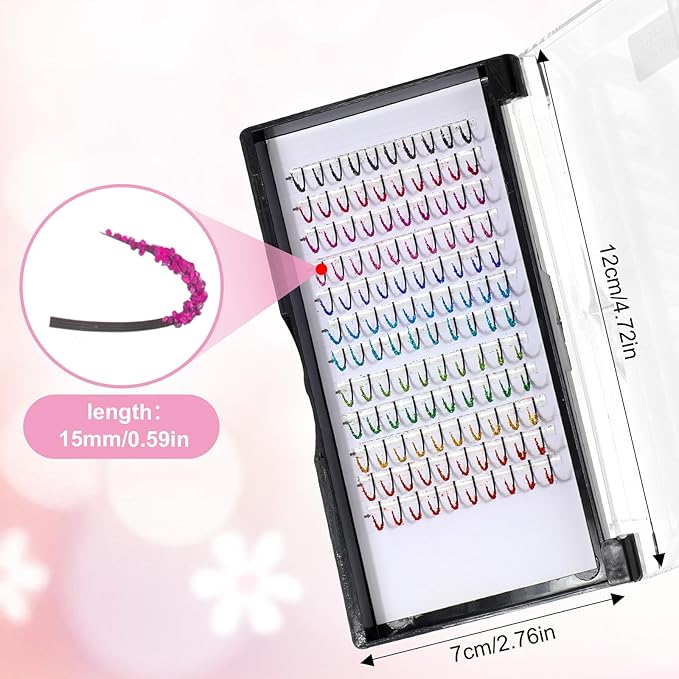 Glitter Lash Extensions 12 Colored Mix Single Lash Spike Eyelash Extension 120 Pcs D Curl Lashes 15mm Lash Extensions Wide Individual Lashes Cluster for Personal Makeup Soft False Eyelashes