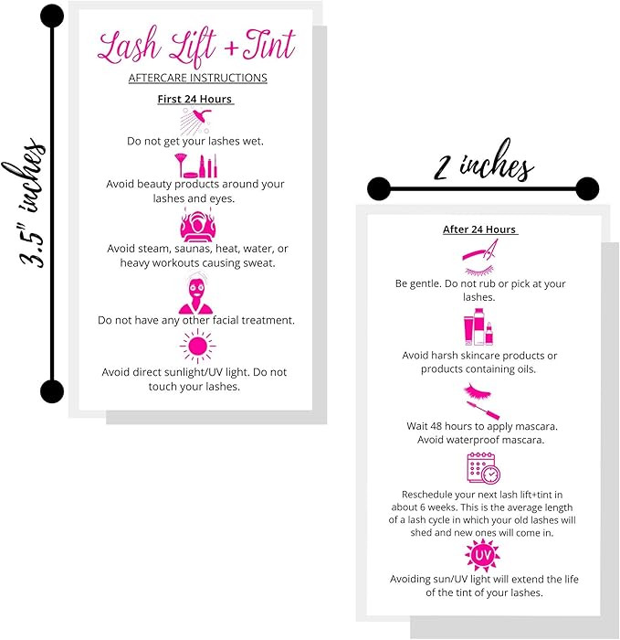 Lash Lift + Tint Aftercare Instruction Cards | 50 Pack | 2 x 3.5” inches Business Card Size | Eyelash Lift and Tint Kit at Home DIY aftercare Supplies | White with Pink Icon Design