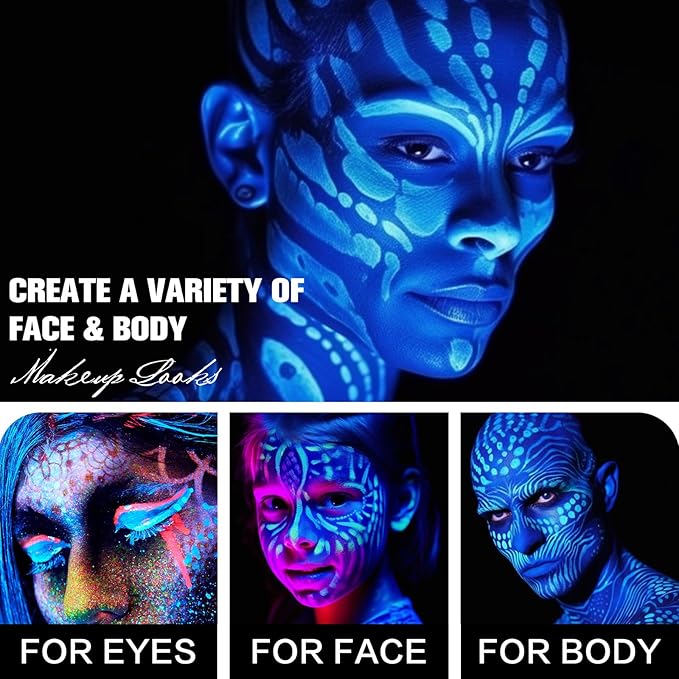 BOBISUKA Neon Blue Face Body Paint Stick Water Based Glow In The UV Light Face Painting Kit Eye Black Sticks for Sports Quick Drying Foundation Makeup for Halloween Cosplay SFX Costume Party