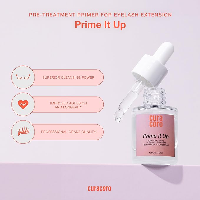Curacoro Eyelash Extension Primer 15 ML - Increase Adhesive Bonding Power | Easily Removes Proteins and Oils/Oil Free/Longer Extension Retention (Prime It Up)