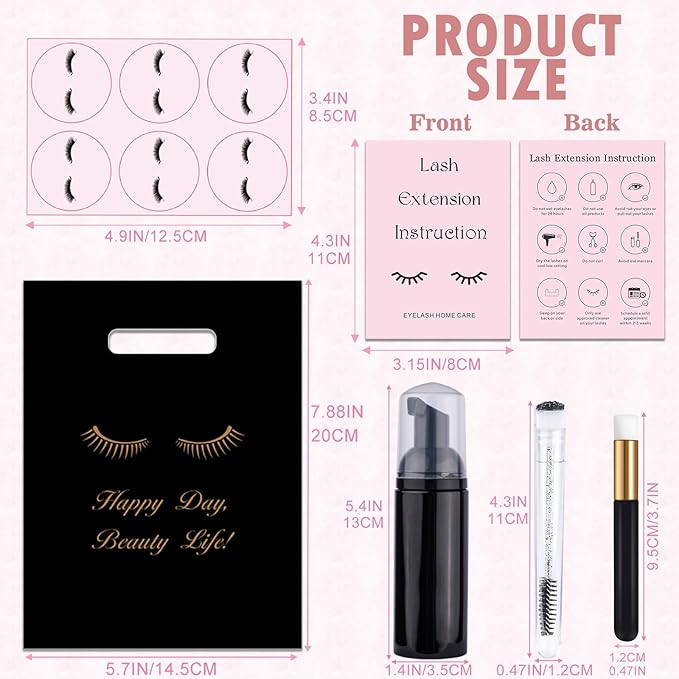 52PCS Lash Shampoo Bottles and Brushes Set, 10pcs Foam Pump Dispenser, 10pcs Nose Pore Deep Cleaning Brush, 10pcs eyelash extension tube brush, 10pcs Extension Aftercare Instructions Cards, 2pcs
