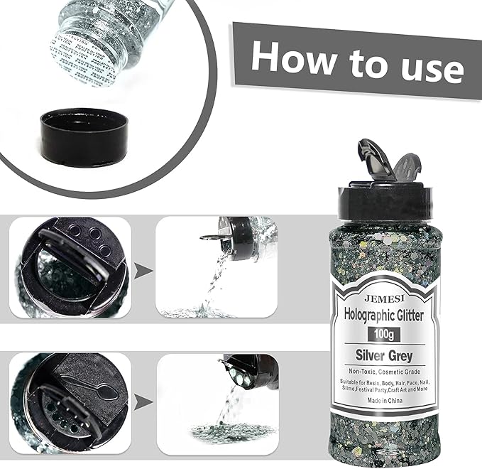Holographic Chunky Glitter, 100g/0.35oz Silver Grey Cosmetic Craft Glitter for Epoxy Resin, Nail Sequins Iridescent Flakes, Body, Face, Hair, Nail, Glitter Slime Making