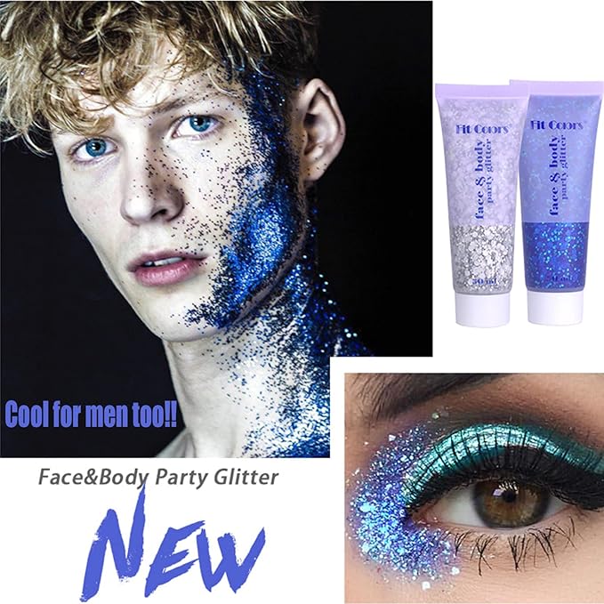 Face Glitter Gel, 2 Jars Holographic Chunky Glitter Makeup for Body, Hair, Face, Nail, Eyeshadow, Long Lasting and Waterproof Mermaid Sequins Liquid Glitter Total 6 Colors Available (Silver & White)