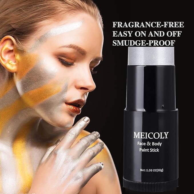 MEICOLY Silver Face Paint Stick(1.06 Oz),Blendable Full Body Paint Stick for Halloween Tin Man Special Effects SFX Cosplay,Sweatproof Waterproof Eye Black for Baseball/Softball/Football