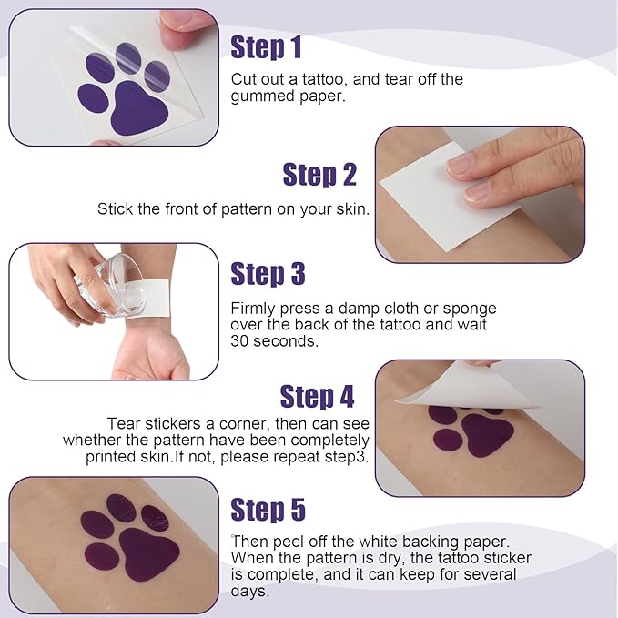Harloon 20 Sheets 300 Pcs Paw Prints Temporary Tattoos Paws Foot Temporary Tattoo Removable Dog Stickers for Women Face Body Arm(Purple)